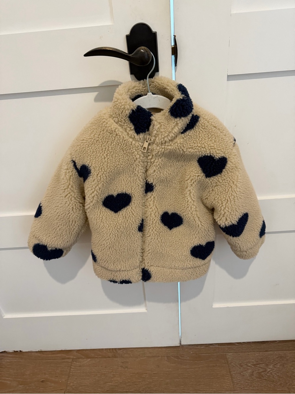 Zara Cream Sherpa Jacket with Navy Heart Pattern